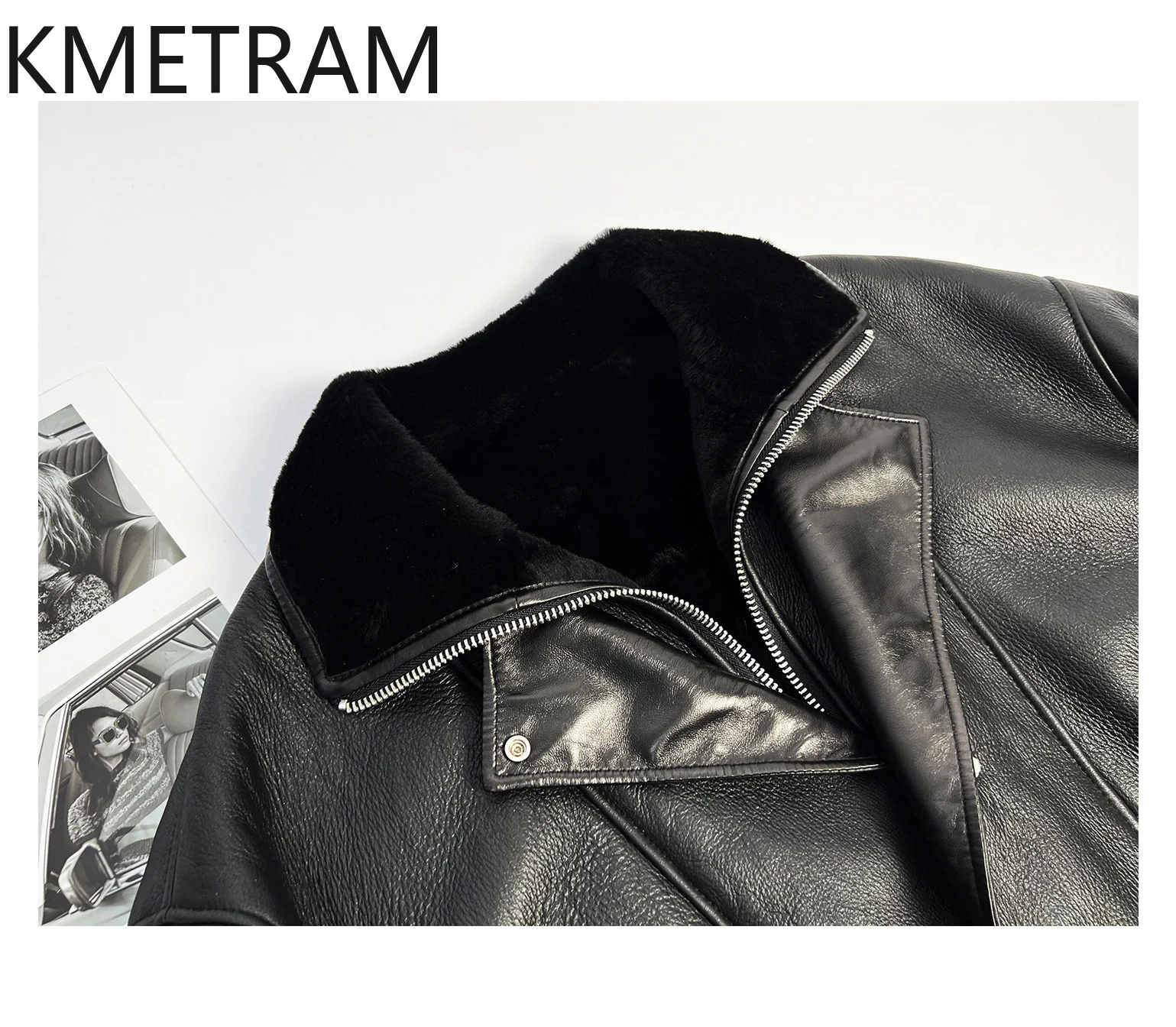 KMETRAM جلد الغنم ميرينو الطبيعي مع معطف مرفق من الصوف الأسود للدراجات النارية سترة من الفرو الحقيقي ملابس نسائية معاطف شتوية نسائية #5