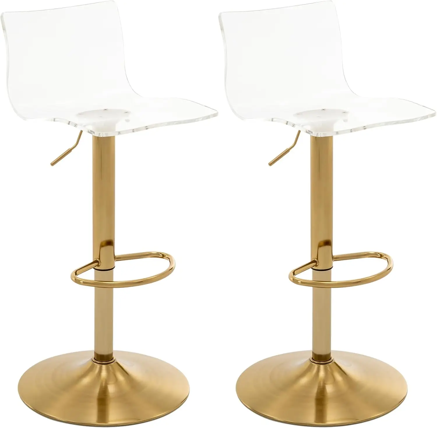 

Набор из 2 акриловых барных стульев, регулируемые, поворотные, с золотым основанием, прозрачные стулья со средней спинкой для кухни или бара