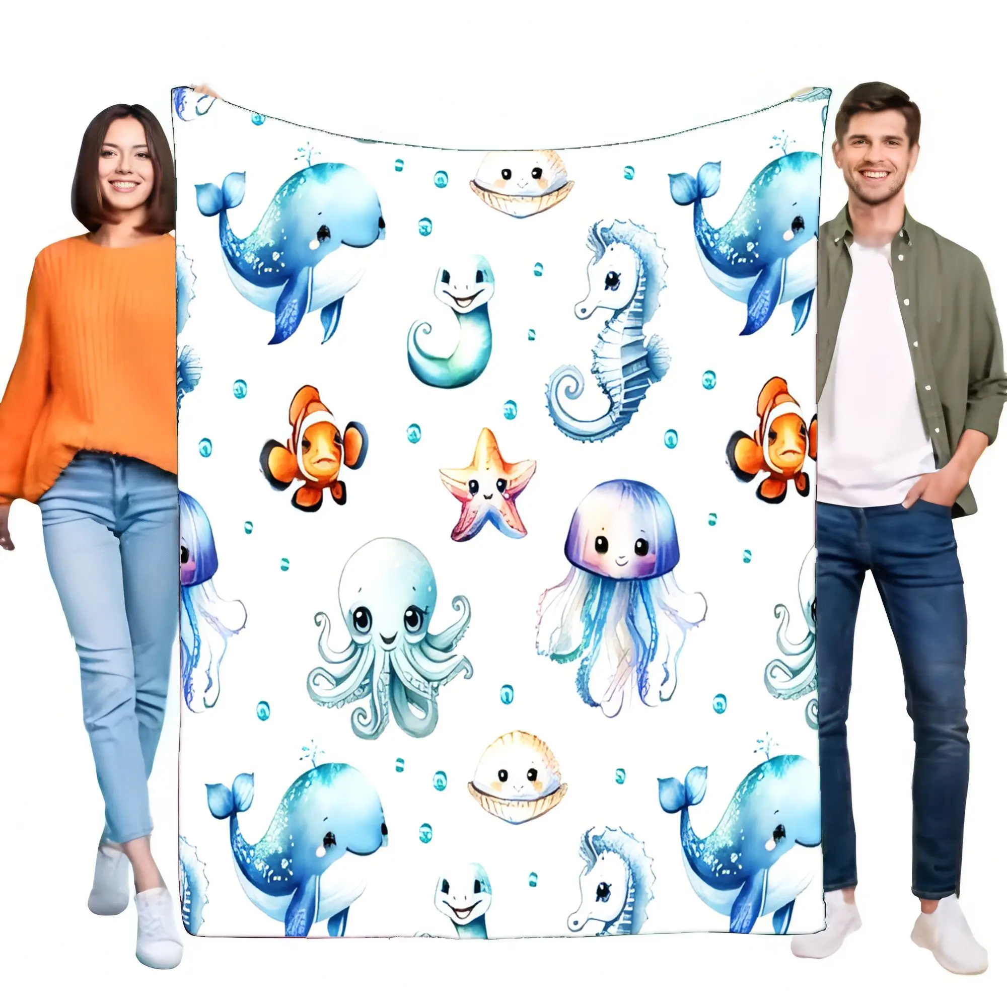 Cute Under the Sea Marine Life Throw Blanket - Soft Cozy Fleece for Kids Bed Sofa Decor Whale Octopus Jellyfish Clownfish Seahor