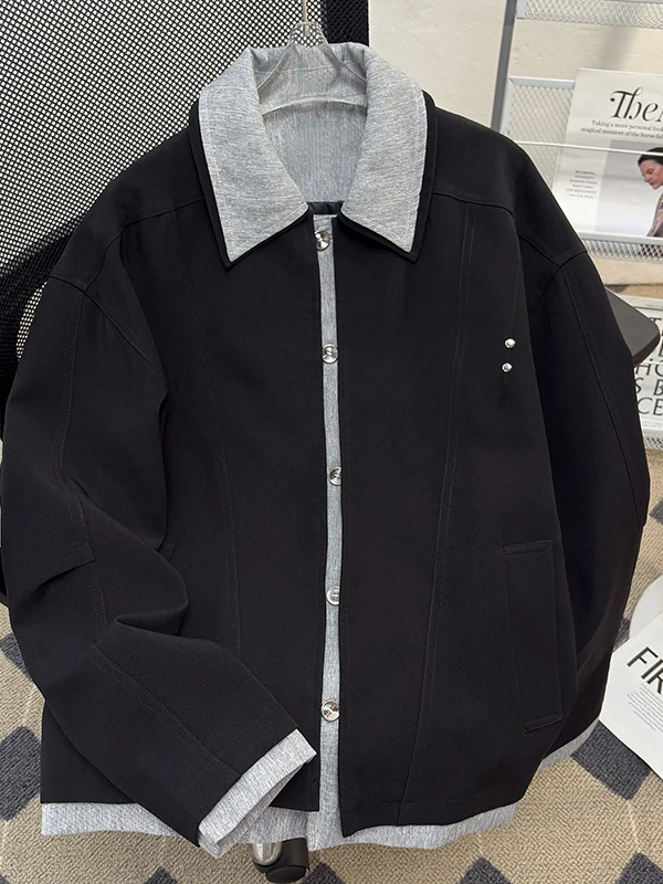 Loose Fit Men's Jacket Korean Style Fake Two-Piece Design Collar Outerwear Stylish Polyester Fiber Long Sleeve Regular Length