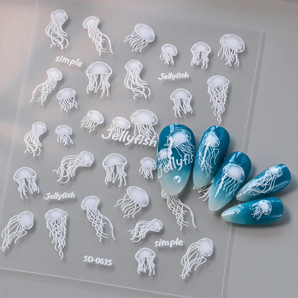 

1Pcs 5D White Jellyfish Nail Art Sticker Summer Ocean Jellyfish Self-Adhesive Nail Decals Cute Jellyfish Manicure Slider Sticker