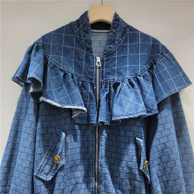 WTHT New Fashion Women's Spliced Shawl Collar Plaid Denim Jacket 2025 Autumn Trendy Long Sleeves Zipper Coat Female 1LS2261