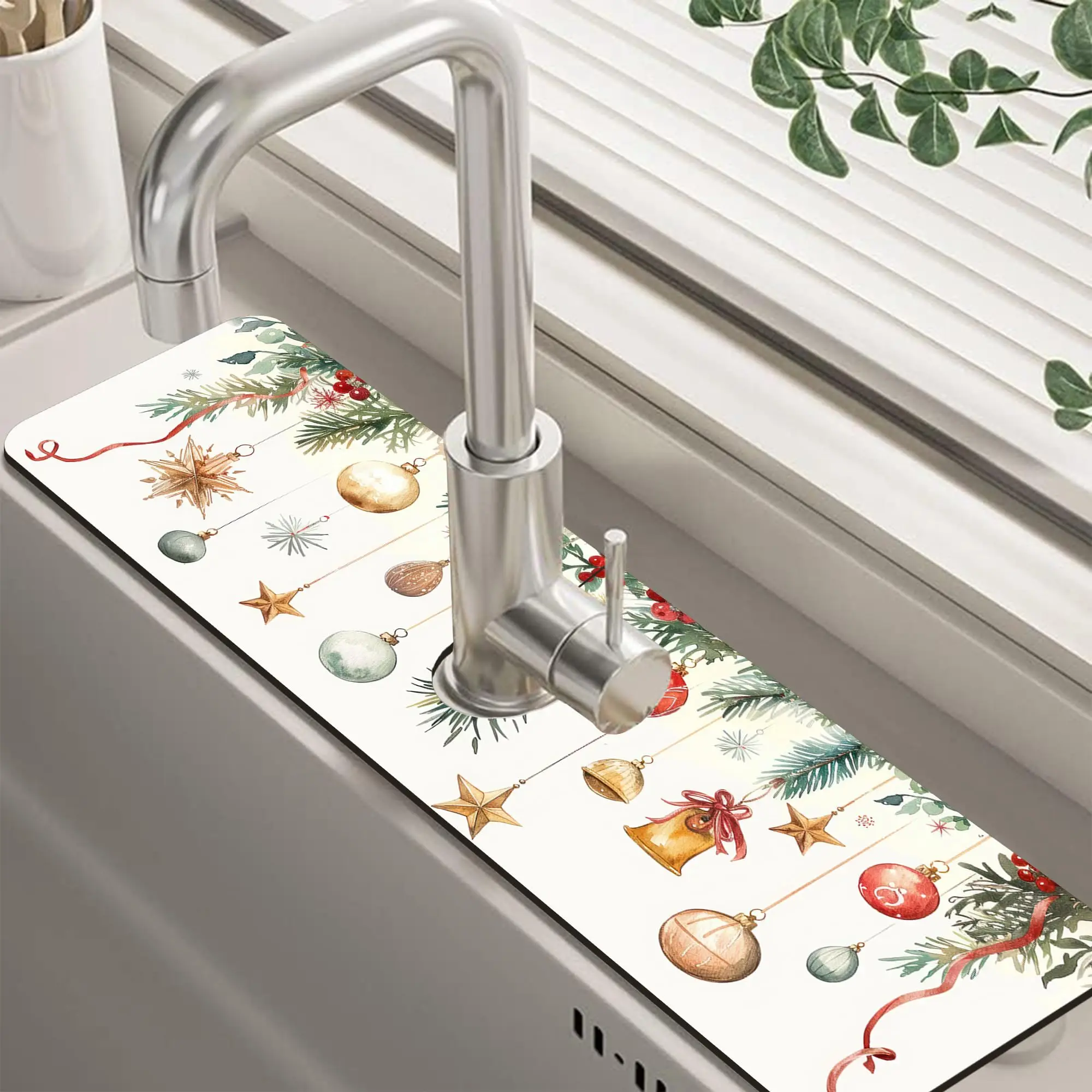 VIKAMA Christmas Star Balls Bells Kitchen Sink Splash Guard Absorbent Fast Drying Mat Faucet Draining Mat for Kitchen Home Decor