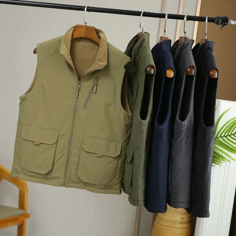 

Men's Outdoor Work Vest Winter Fleece Lined Windproof Multi-Pocket Loose Fit Tactical Jacket Casual Camping Fishing Photography