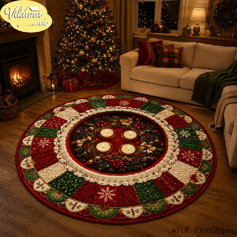 VIKAMA Gift & Snow Christmas Flannel Patchwork Round Rug, Non-Slip Washable Xmas Mat for Living Room Bedroom Nursery Kids Room
