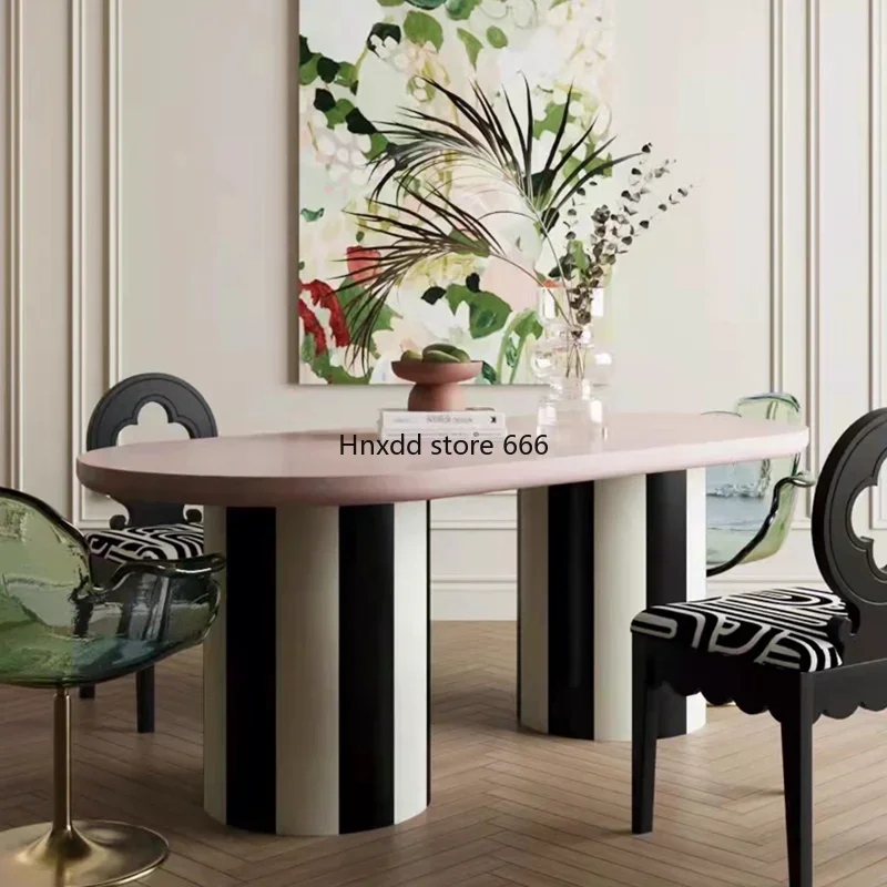 

Simple modern medieval retro pink art oval dining table solid wood dining table