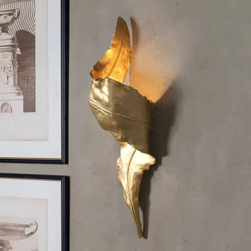 Post-modern Full Copper Villa TV Background Wall Lamp with Personalized Leaf Design for Duplex Staircase and Hallway