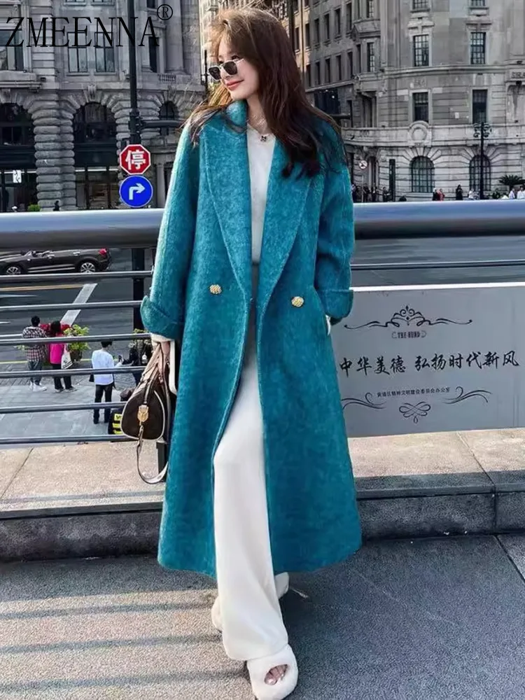 

ZMEENNA Chic Women's Blue Wool Blend Double Breasted Long Coat With Notched Lapel Warm Winter Outerwear Fashion ZM3512