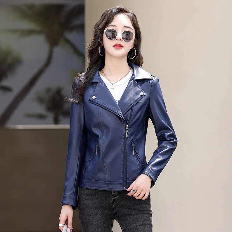 جديد إمرأة كلاسيكي معطف جلد ربيع الخريف 2025 بدلة على الموضة طوق سليم قصير جلد الغنم ملابس خارجية السائق سترة جلدية الإناث