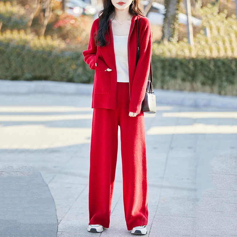 الخريف والشتاء جديد المرأة 100% الصوف الخالص دعوى مقنعين سترة فضفاضة قطعتين حجم كبير محبوك بنطلون