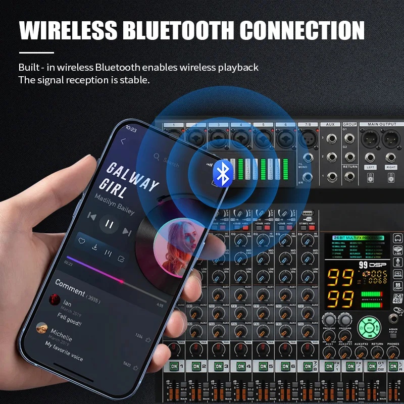 COOYINK 8-Kanal-Audiomischer 2*99 DSP 3 Gruppen Aux Senden Sie eine digitale professionelle Konsole Soundmixer-Konsole mit Bluetooth MP3 USB