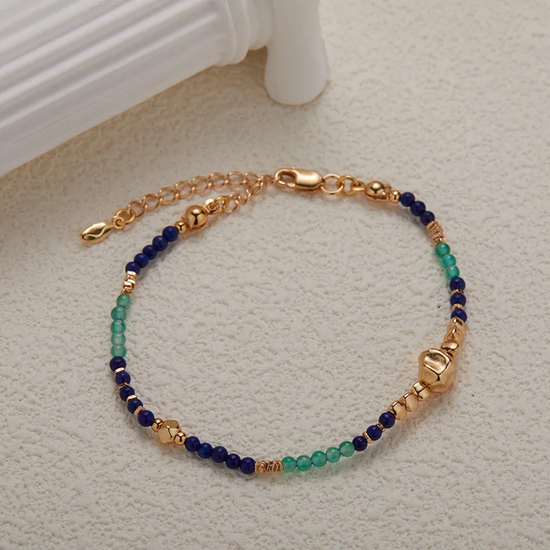 S925 الفضة النقية غير النظامية الفضة الخرز العقيق الأخضر الطبيعي اللازورد الأحجار الكريمة الملونة مطرز سوار للنساء الساخن سال #2