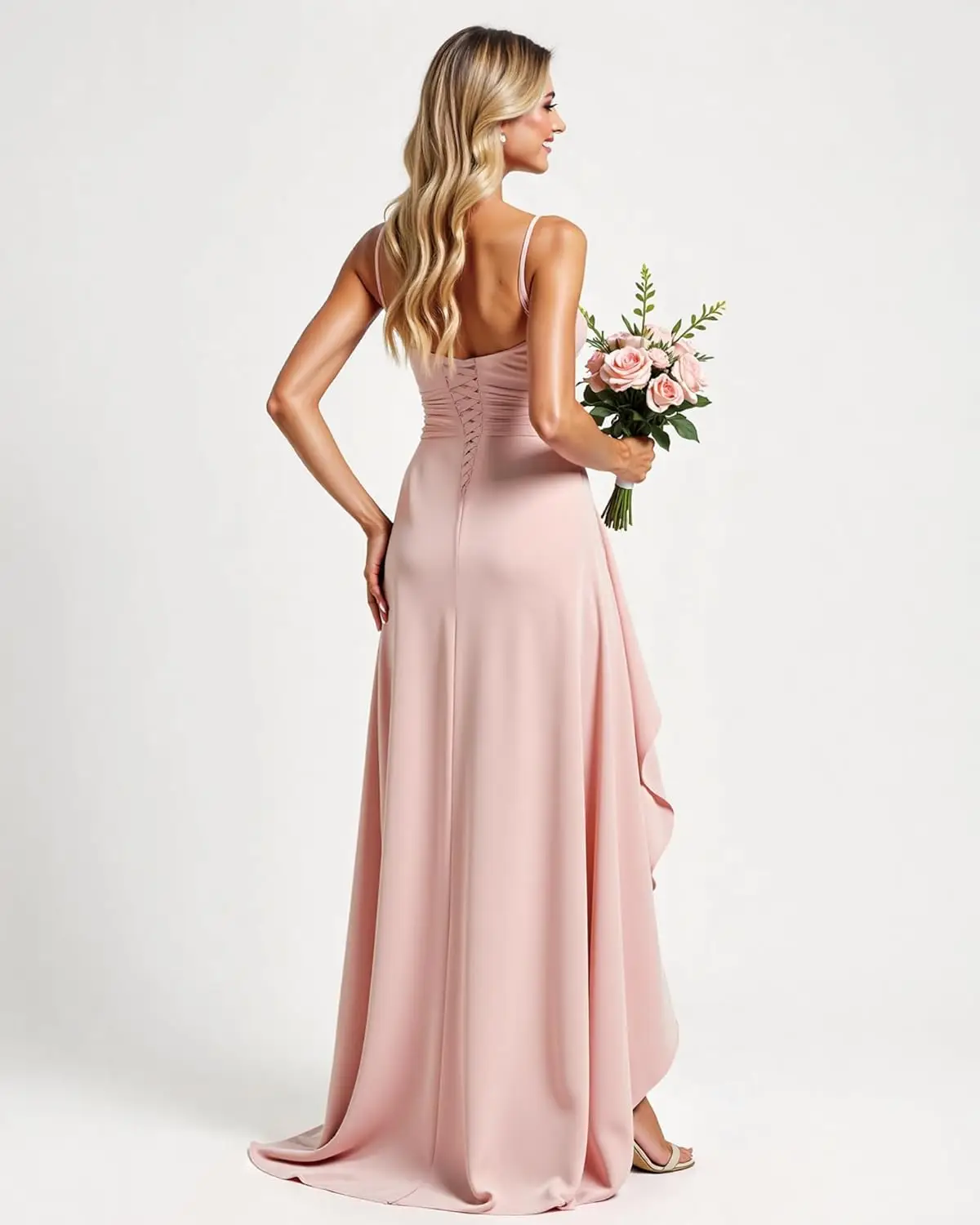 فستان وصيفة العروس طويل من الشيفون برقبة على شكل حرف V، مكشكش، مطوي، فستان كرة بفتحة جانبية، فستان سهرة نسائي، فستان كوكتيل