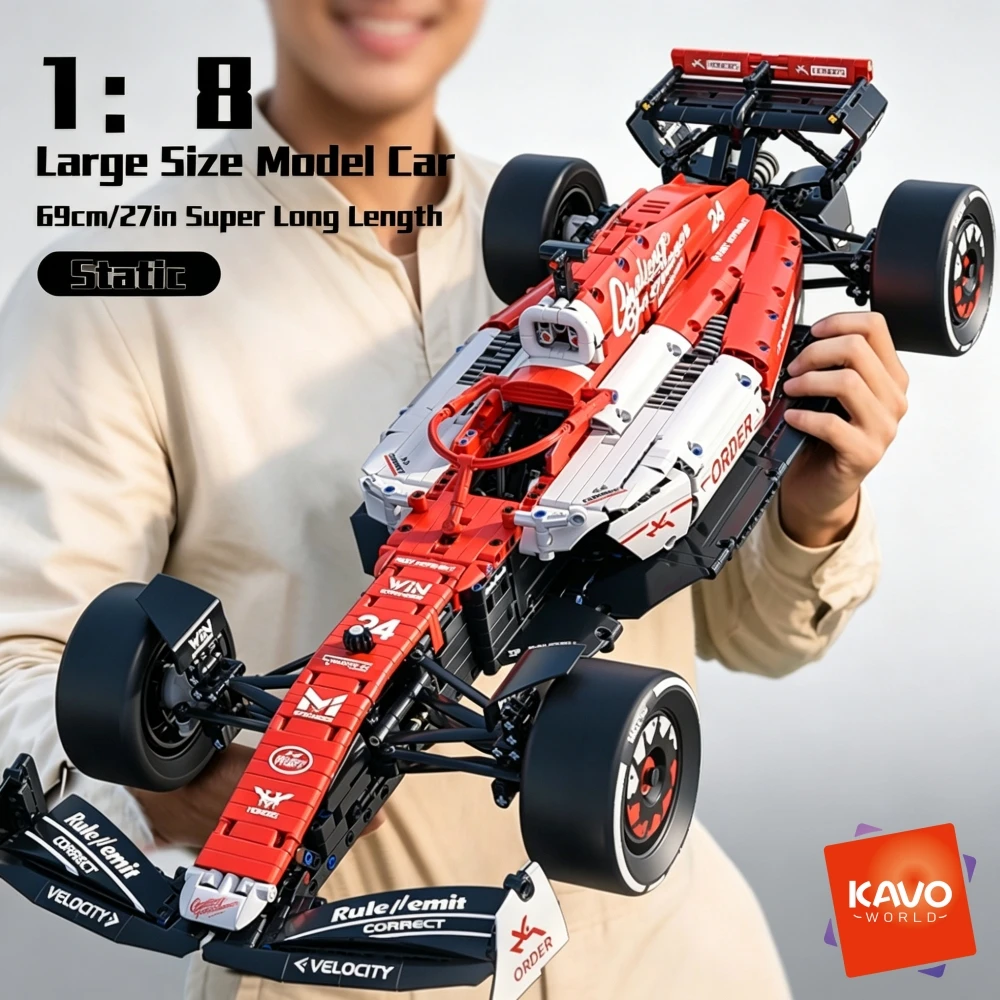KAVOWORLD 1768pcs 27 Inches Large MOC Sports Race Car Building Blocks Set DIY Formula Red & White City Racing Car Bricks Model Kit 1:8 Construction Collection Ornament Building Toys with Realistic Suspension Steering Cockpit Decals Birthday Christmas Gift