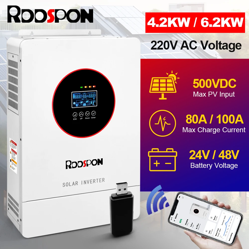 RDDSPON 4.2KW 6.2KW Hybrid Solar Inverter 24V 48V 220V On Grid Pure Sine Wave Inverter With MPPT 80A 100A PV Charger Controllers