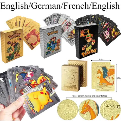 55pcs Cards Pikachu Gold Silver Black Vmax GX Vstar English Spanish French German Collection Battle Card Toys Gifts