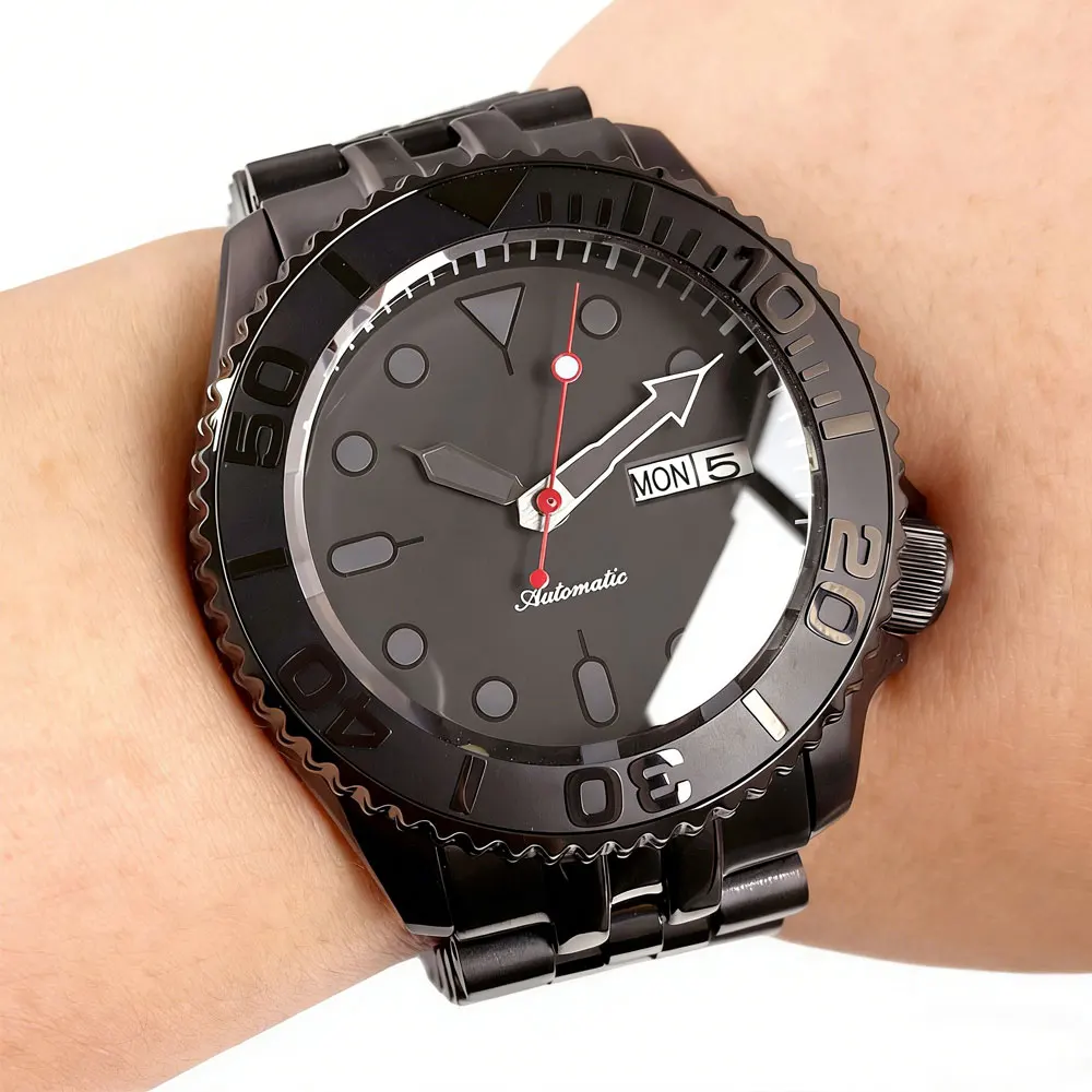 Tandorio 41mm SKX Men's Diving Watch Black PVD Case Domed Sapphire Glass 20BAR Date Day Display NH36A Automatic Mechanical Watch