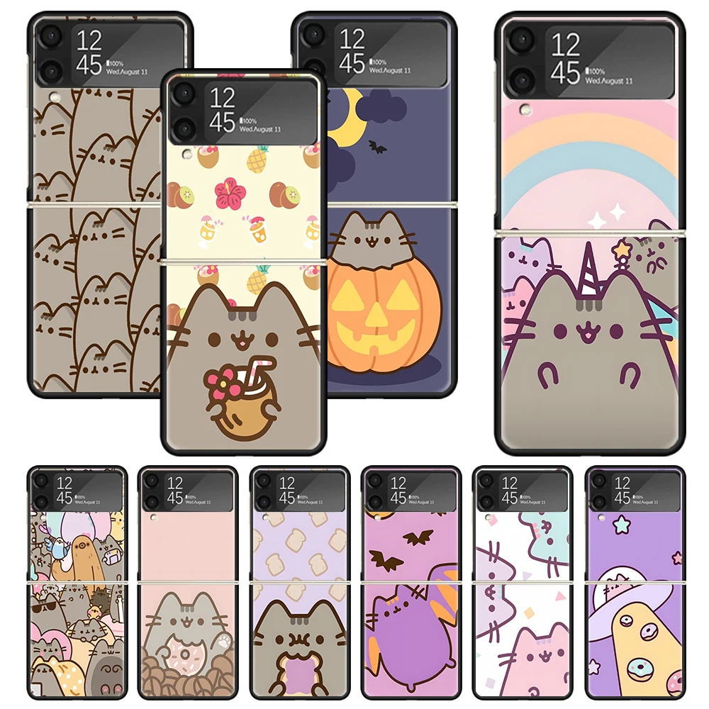 Cartoon Pusheen Cat Print Case For Samsung Galaxy Z Flip 3 4 5 6 5G Phone Shell ZFlip6 Flip5 Flip4 Flip3 Pattern Black Hard Cove