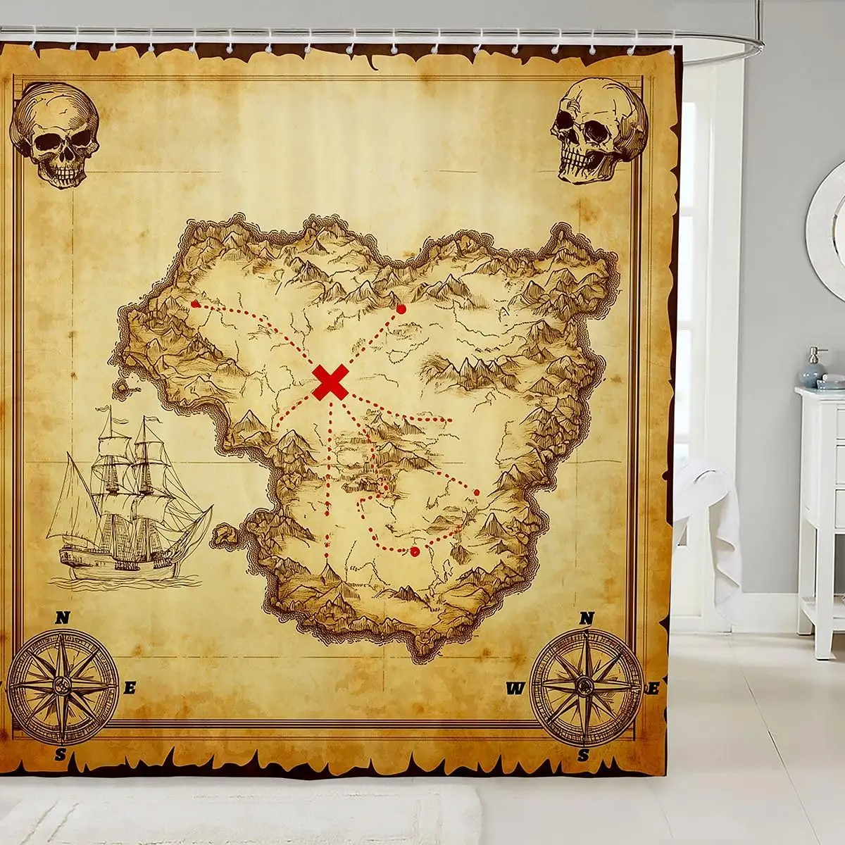 

Nautical Island Map Shower Curtain Kids Vintage Old Pirate Ship Ocean Ancient Skull Bathroom Decor with Hooks