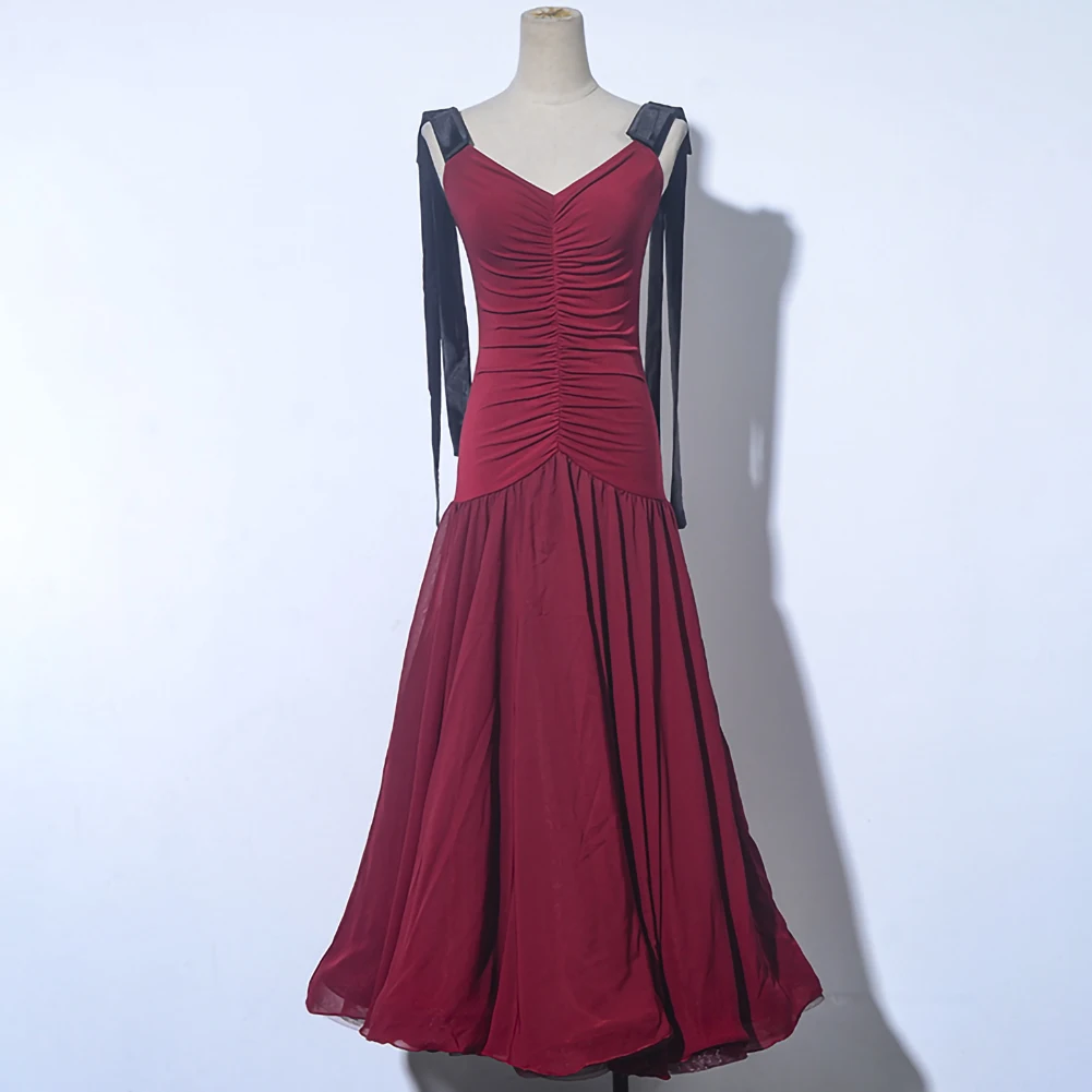 

Fishbone Woman Ballroom Dress Modern Dance Standard Competition Dresses Wine Red Practice Clothes Suspenders Long Sleeves Waltz