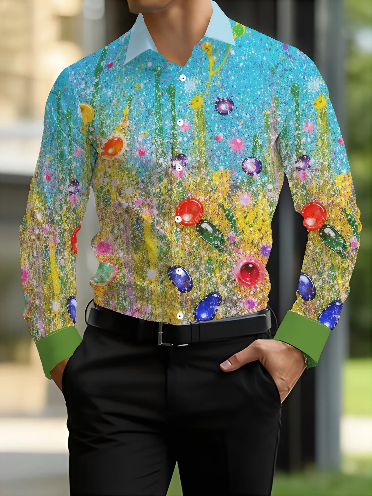 Nueva camisa de manga larga para hombre con estampado de flamencos amarillos y blancos, estilo patchwork, corte ajustado, informal y versátil.