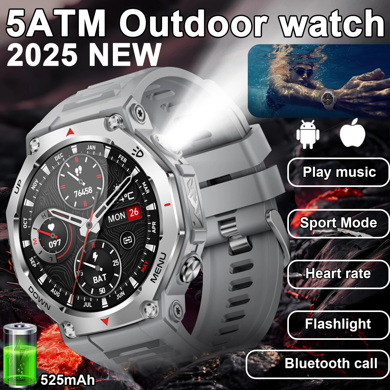 

Новые уличные умные часы с фонариком-УФ-светом 525 мАч 5ATM Водонепроницаемые Bluetooth Вызов Сердечный ритм Здоровье 100 + Спортивные умные часы