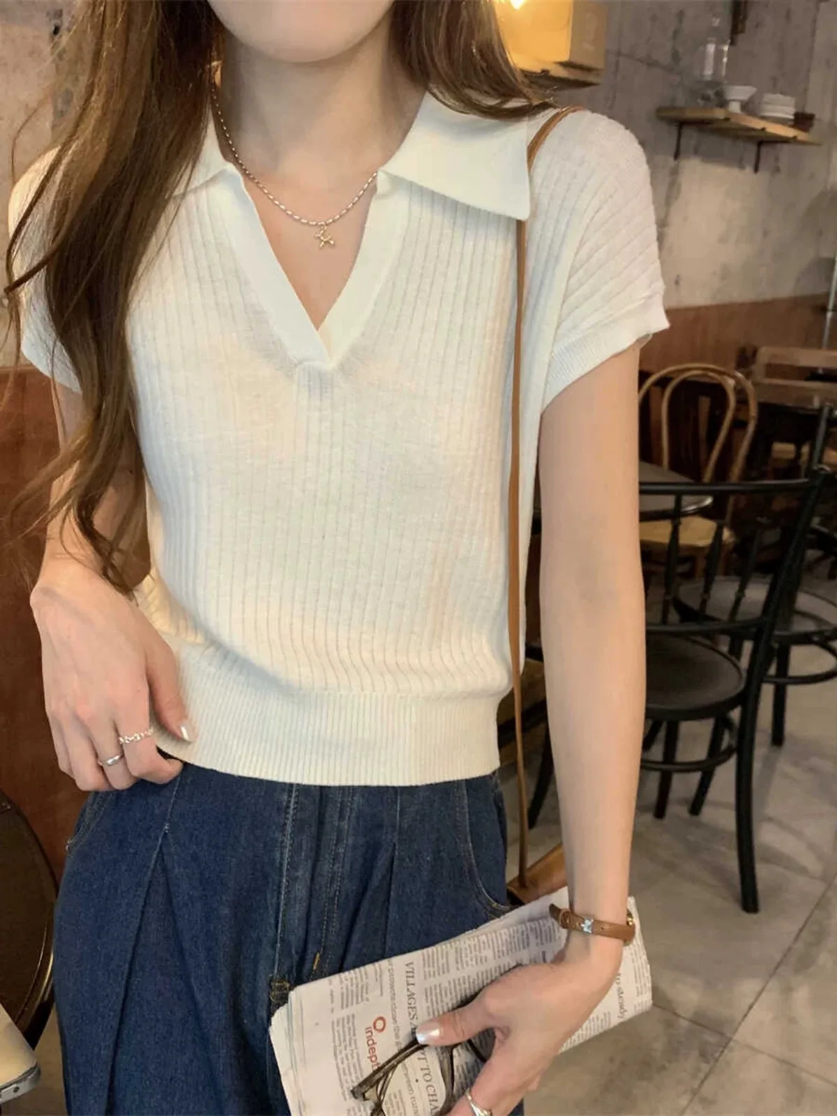 Old Money Wind V-neck Pit Strip Short Sleeve T-shirt Knitted Short Sleeve Top