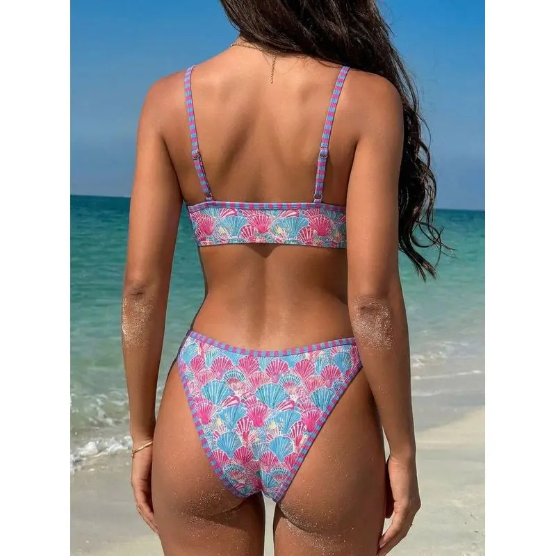 JEWELRY SEN Women Seashell Print Spaghetti Strap Bikini Set 2‑Piece Square Neck Beach Bathing Suit Summer Vacation Swimwear