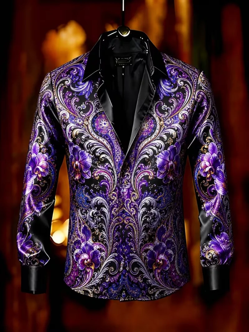 New men's retro steampunk long sleeved shirt with blue-green patchwork mecha bird totem men's satin lapel top