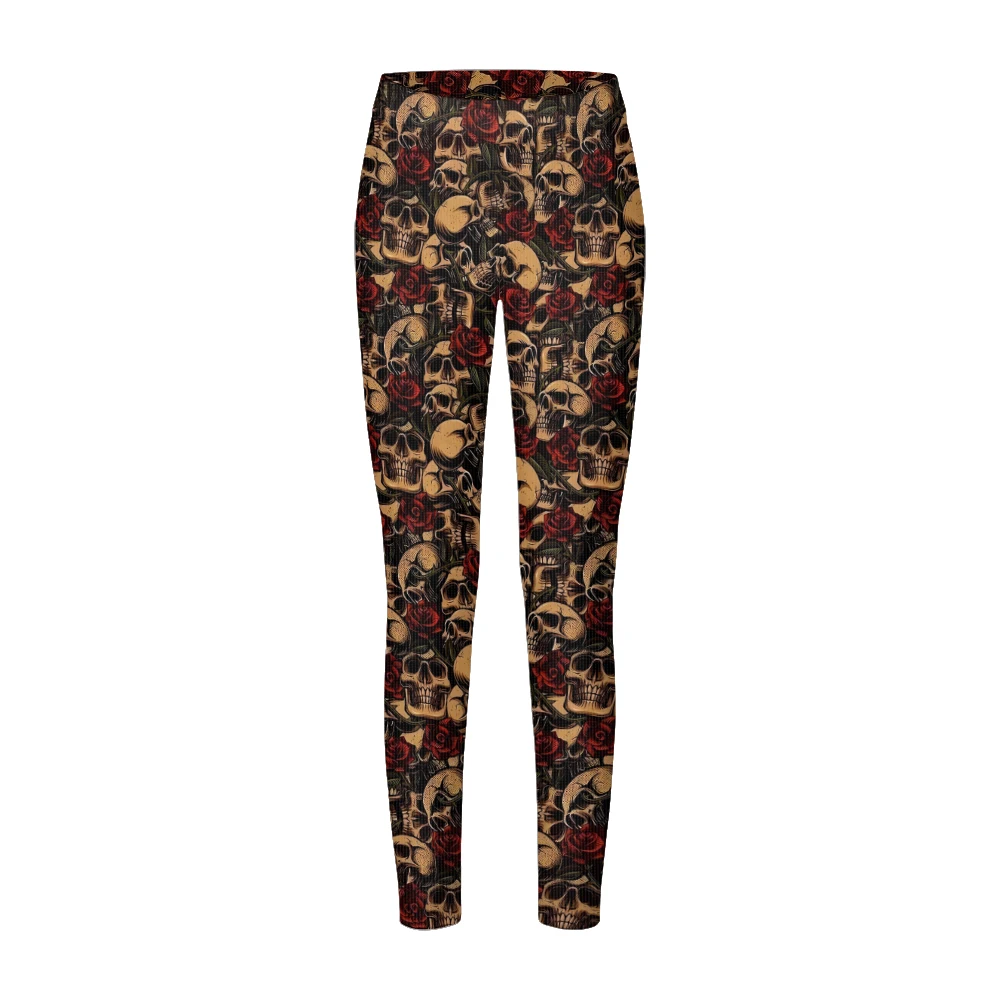 Edgy المرأة الجمجمة والورد طباعة طماق القوطية الشرير نمط عالية الخصر نمط في جميع أنحاء للحفلات غير رسمية وملابس لليوجا #4