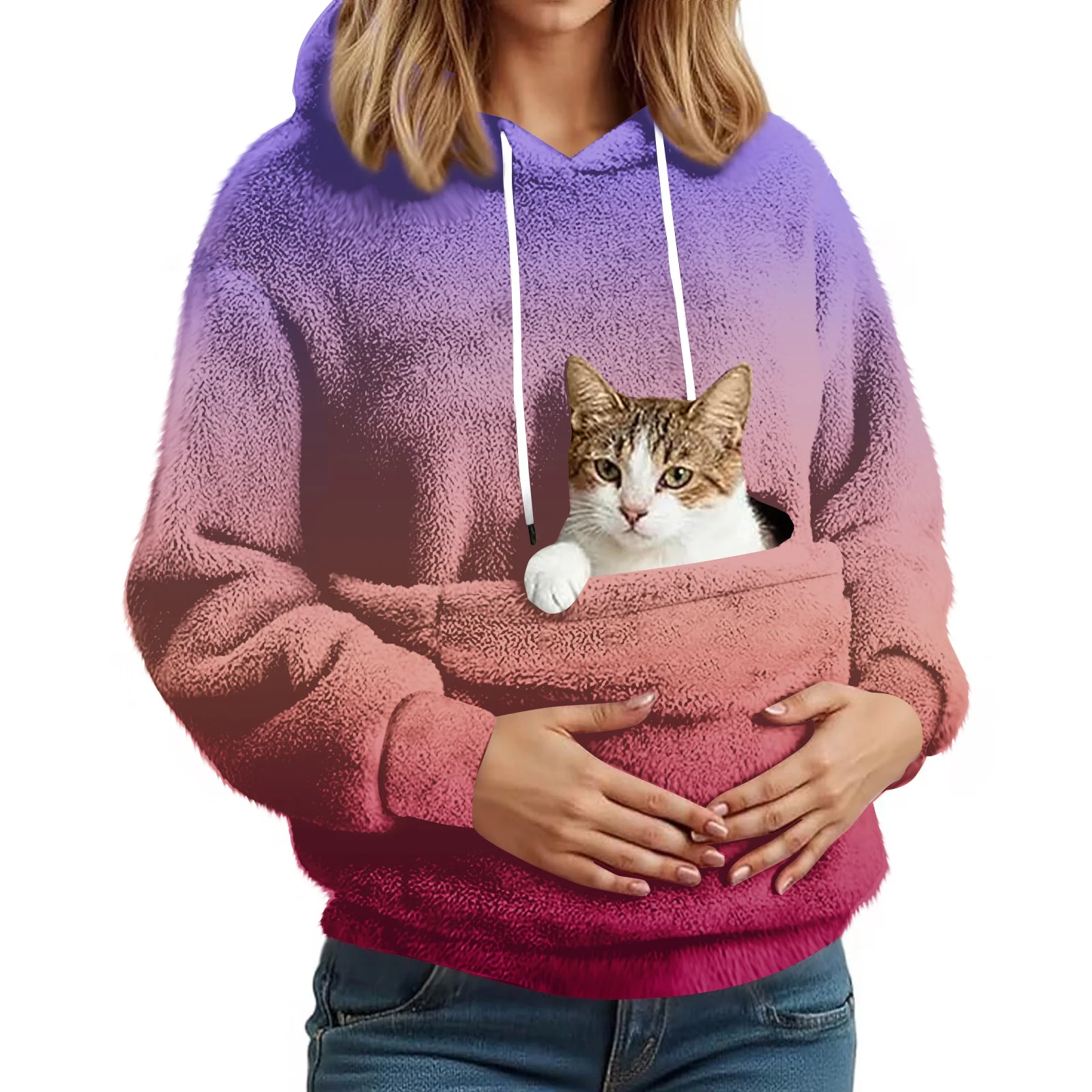 女性のファッショナブルなカジュアルフリース裏地付き長袖ポケット付きフード付きプリントスウェットシャツ女性服冬服女性