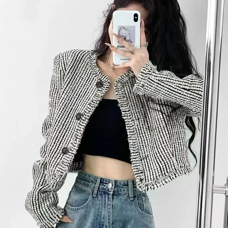 Women's Cardigan Button Patchwork Coat 2024 Spring Autumn New Fashion Loose Striped Long Sleeved Tassel Round Neck Shorts Tops