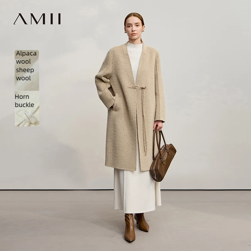 

Женское пальто Amii, новинка зимы 2023, двусторонняя верхняя одежда в китайском стиле с v-образным вырезом, женская шерстяная куртка на пуговицах с рогами, женская 12554024