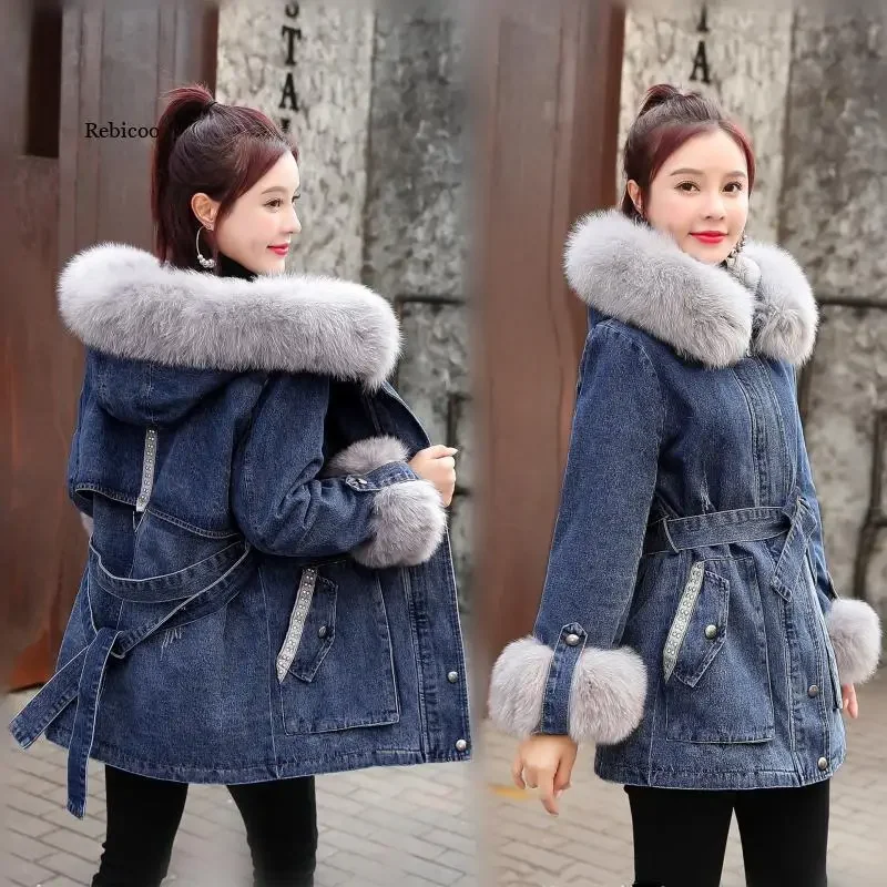 

Denim Jackets Women Fur Collar Oversize Hooded Clothing Autumn Ladies Button Blue Black Long Sleevejean Jacekt Coats Outwear