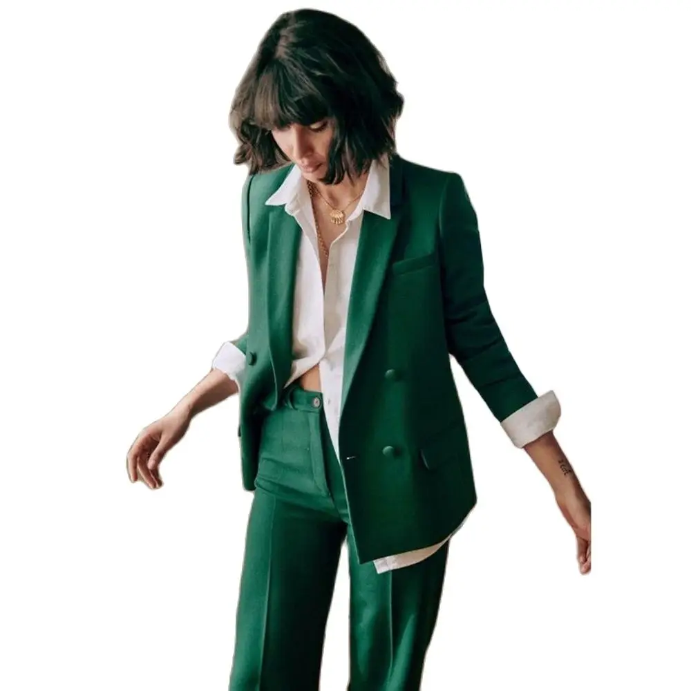 Elegant Green Suit for Women Double Breasted 2 Piece Jacket Pants Female Clothing Slim Fit Formal Office Lady Pretty Blazer Set