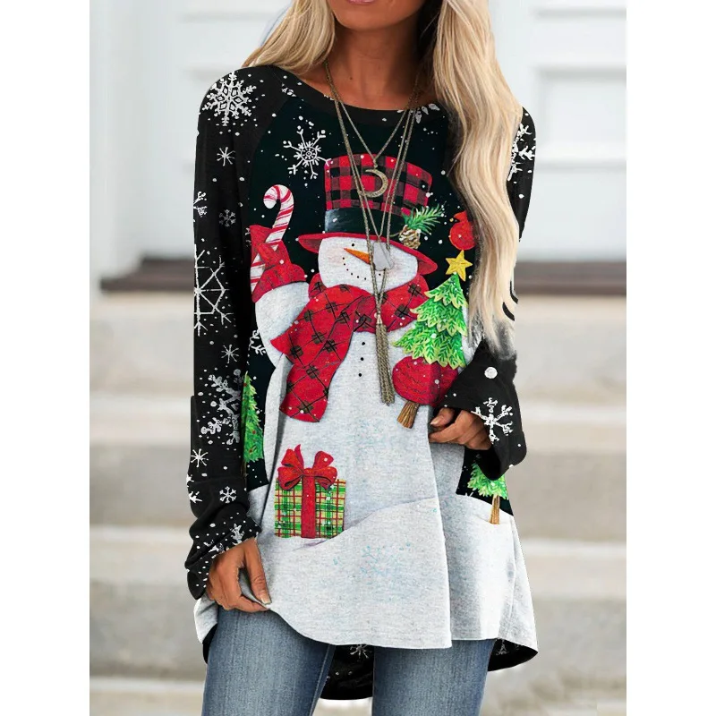 2024 3D Christmas Snowman Print Women\'s Long Sleeve T-Shirt Loose O Neck Pullover Fashion Harajuku Street Oversized Y2K Clothing