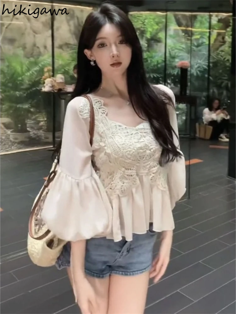 Korean Blouse Women Clothing V-neck Lantern Sleeve Patchwork Lace Shirts Vintage Summer Blouses Tops 2024 Blusas De Mujer 27v961