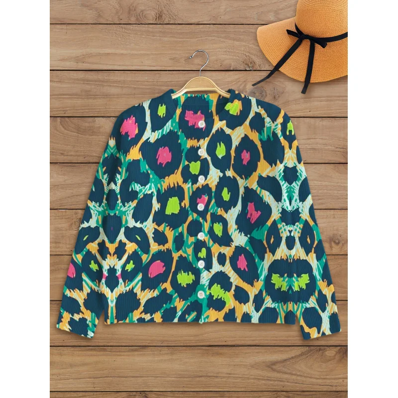 

Green Leopard Print Sexy Pattern Women's Sweater Cardigan Thickened Loose Round Neck Long Sleeve Button Autumn Winter Outdoor