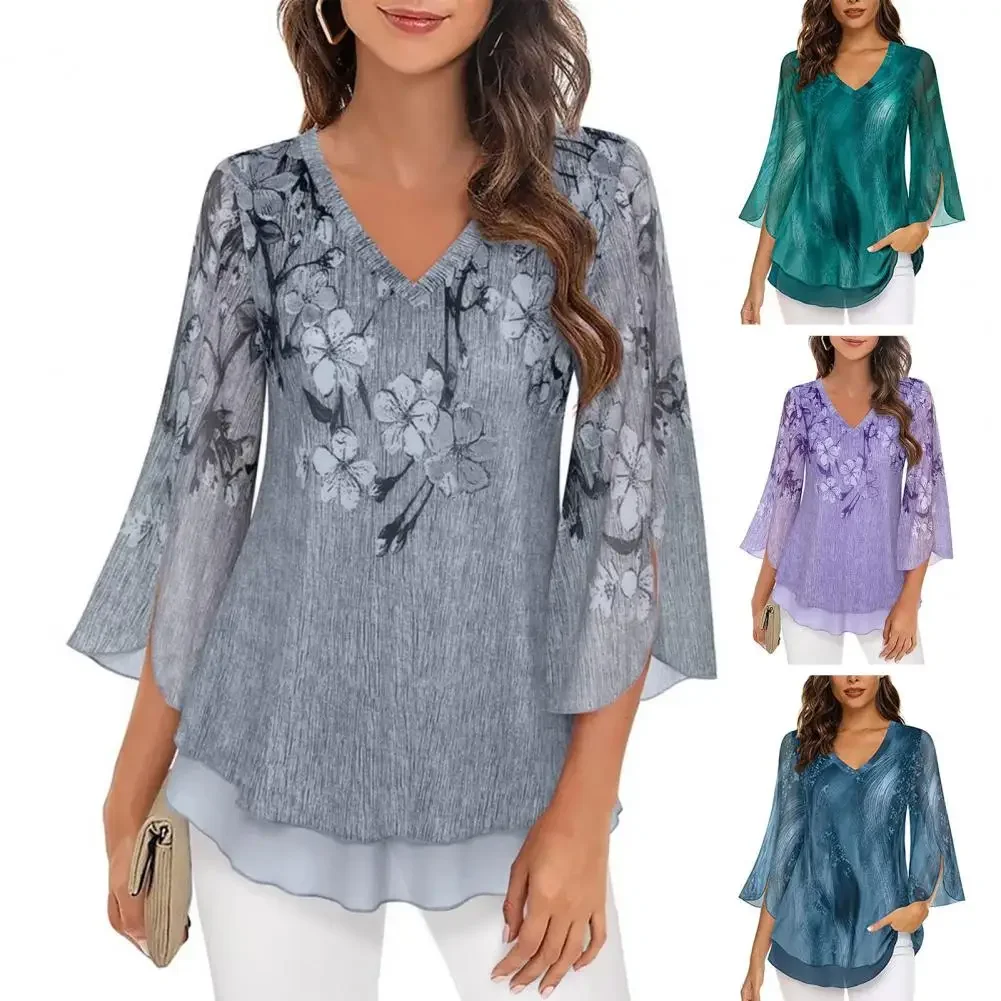 

Women Elegant Floral Print Chiffon Tops V-Neck Batwing Slit 3/4 Sleeves Pullover Tops Lace Trim Hem T-shirt