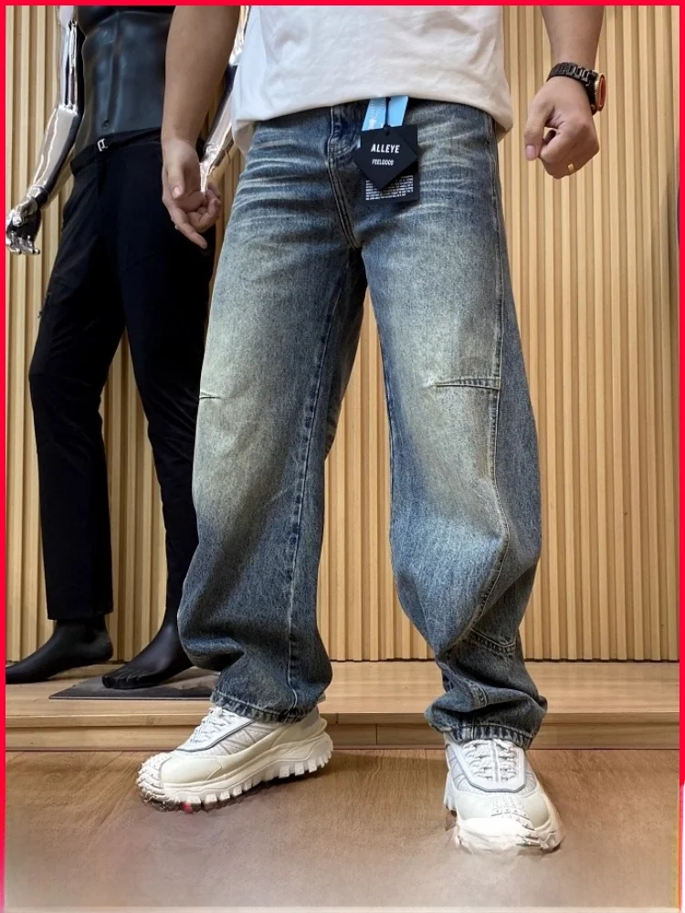 جينز رجالي فضفاض مستقيم بتصميم عتيق مغسول ومتهالك للربيع والخريف، مصنوع من مزيج القطن والبوليستر، مريح وقابل للتنفس