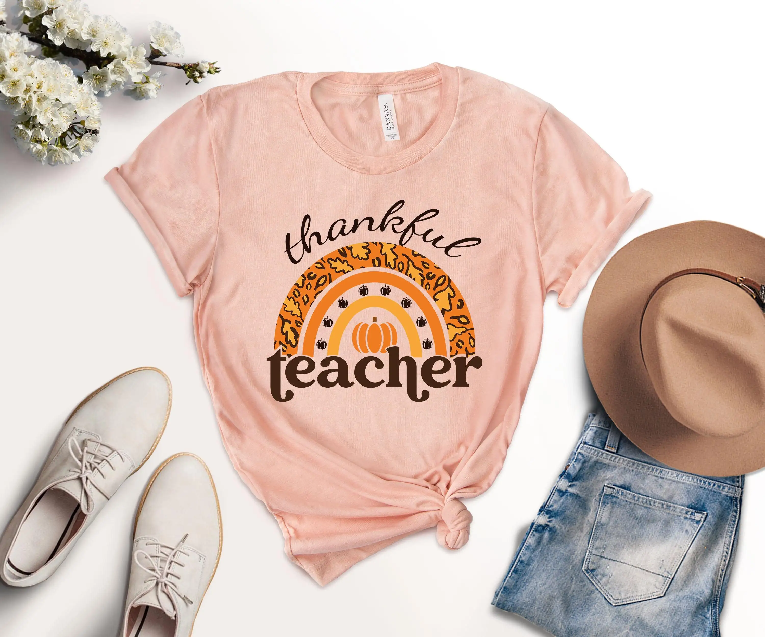 Thanksgiving Teacher T Shirt Thankful Rainbow Pumpkin Cute Vacation