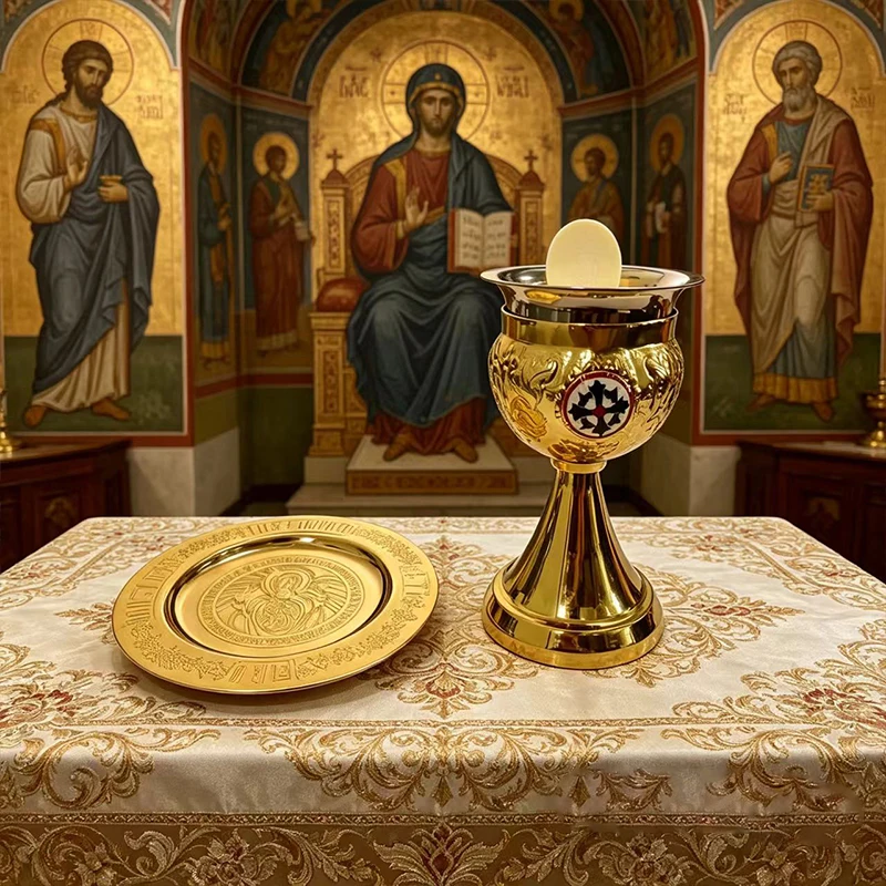 Neues 2026er vergoldetes 17cm Kelch- & 15cm Paten-Set mit Kreuz-Emaille für die orthodoxe Kirchen-Eucharistie-Liturgie, Kommunionbecher-Dekoration – Detail 2