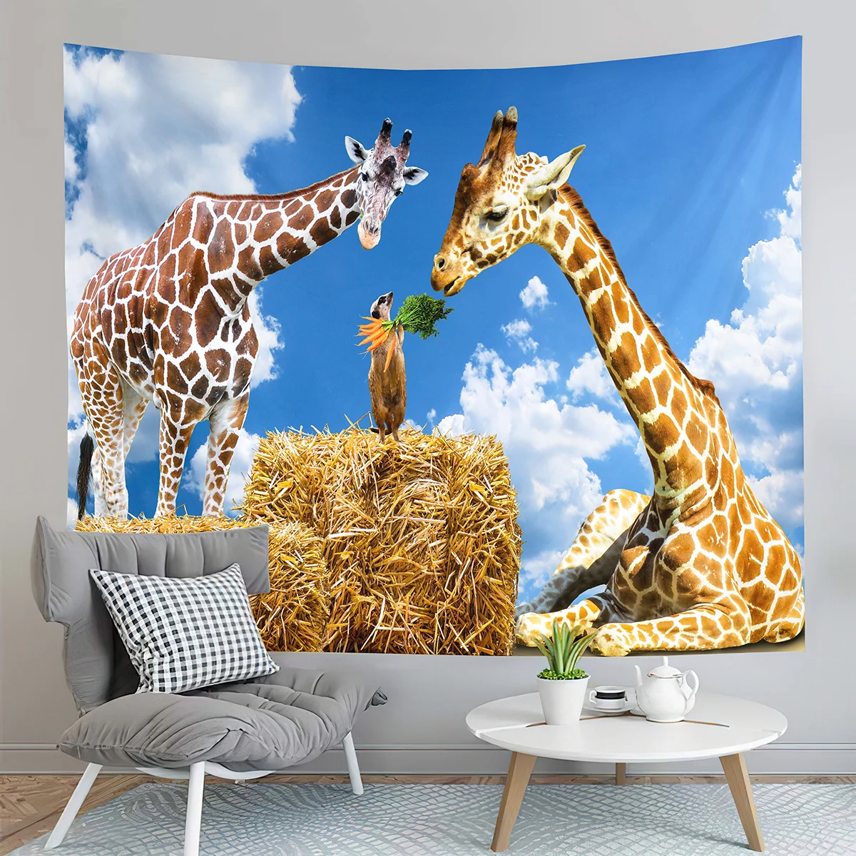 Cute Giraffe Tapestry Grassland Wildlife Tapestry Creative Illustration Tapestry Art Home Living Room Bedroom Decor Tapestries
