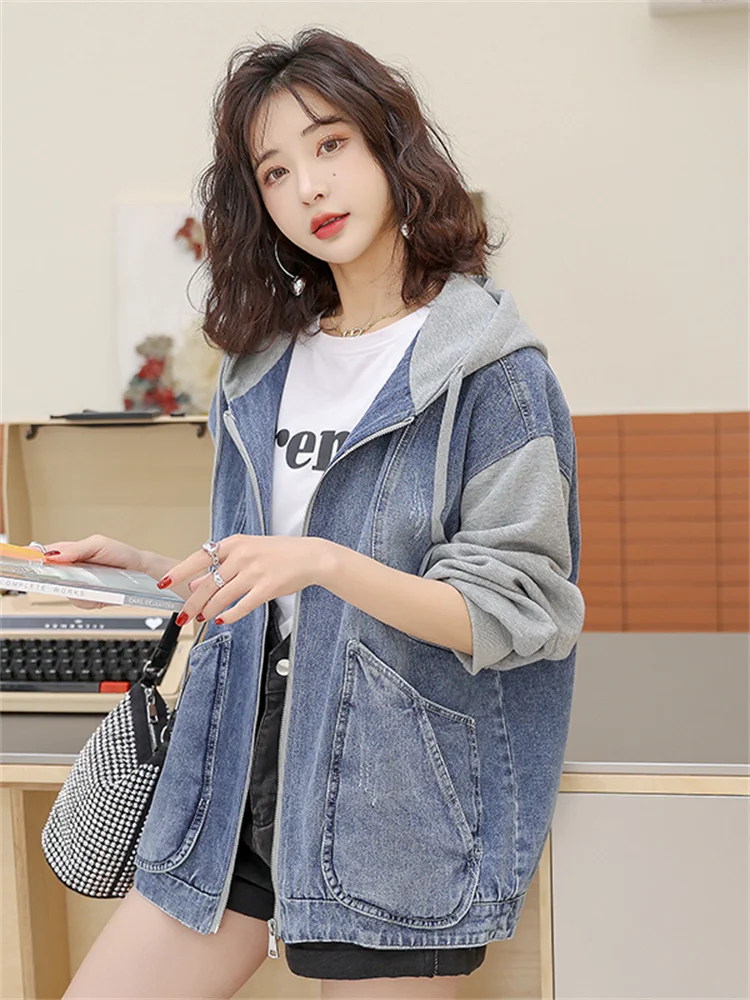 

Loose Women's Denim Jaet Autumn Winter Spring Hooded Open Cardigan Outerwear Casual Sle Long Sve Zipper Closure ...