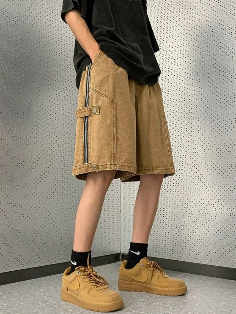 

Мужские повседневные джинсовые шорты-бриджи на молнии, летний дизайн, свободный прямой крой, тонкий джинсовый материал, в стиле High Street