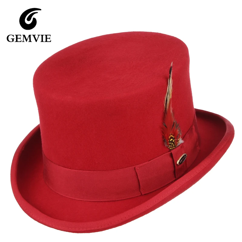 

GEMVIE брендовая высококачественная фетровая цилиндр из 100% шерсти с перьями, цилиндр, шляпа для женщин и мужчин, костюм-федора, классическая кепка дерби-волшебника