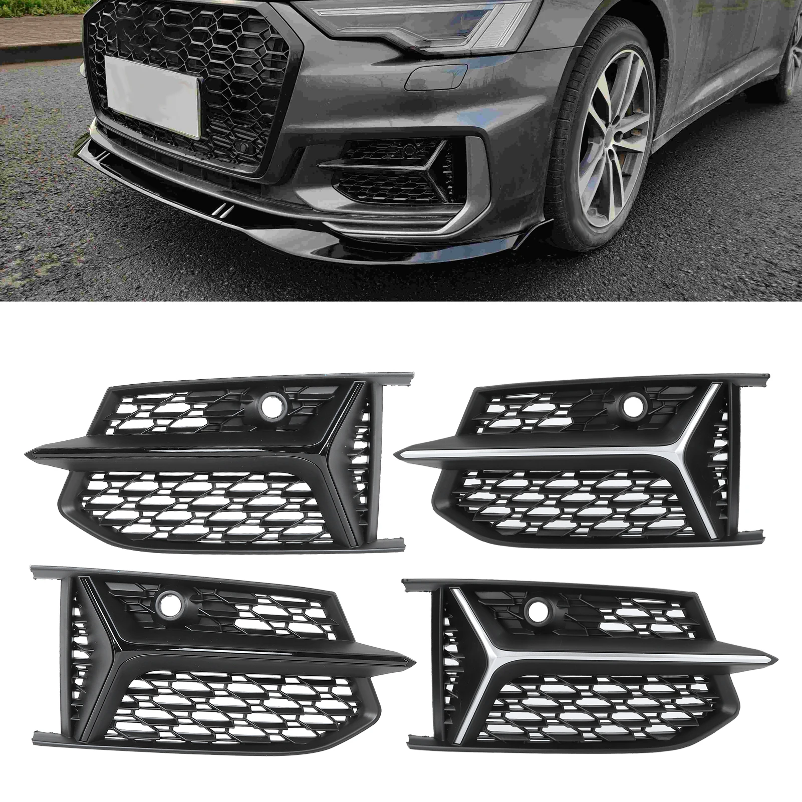 

Fog Lamp Grille Glossy Black Honeycombs Mesh for RS6 Fog Light Grilles Grills Fit for C8 S6 2019 2020 Fog Light Grille