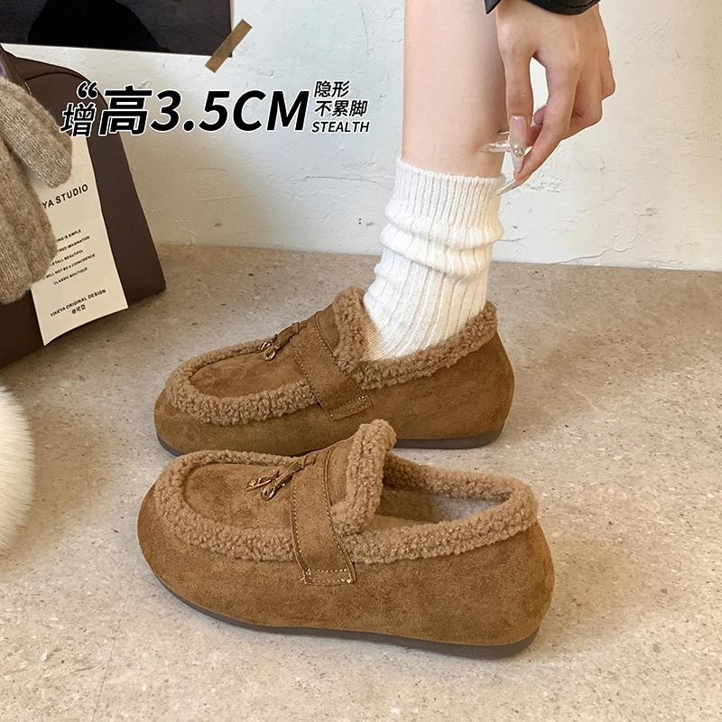 Plus Size Women Shearling Flats Furry Lambswool Mocasines Mujer Warm Cotton Shoes Ladies Slip on Sheep Fur Lined Loafers Winter