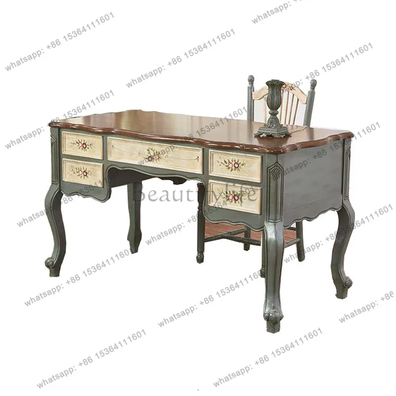 American solid wood desk retro old home computer desk double-sided drawer