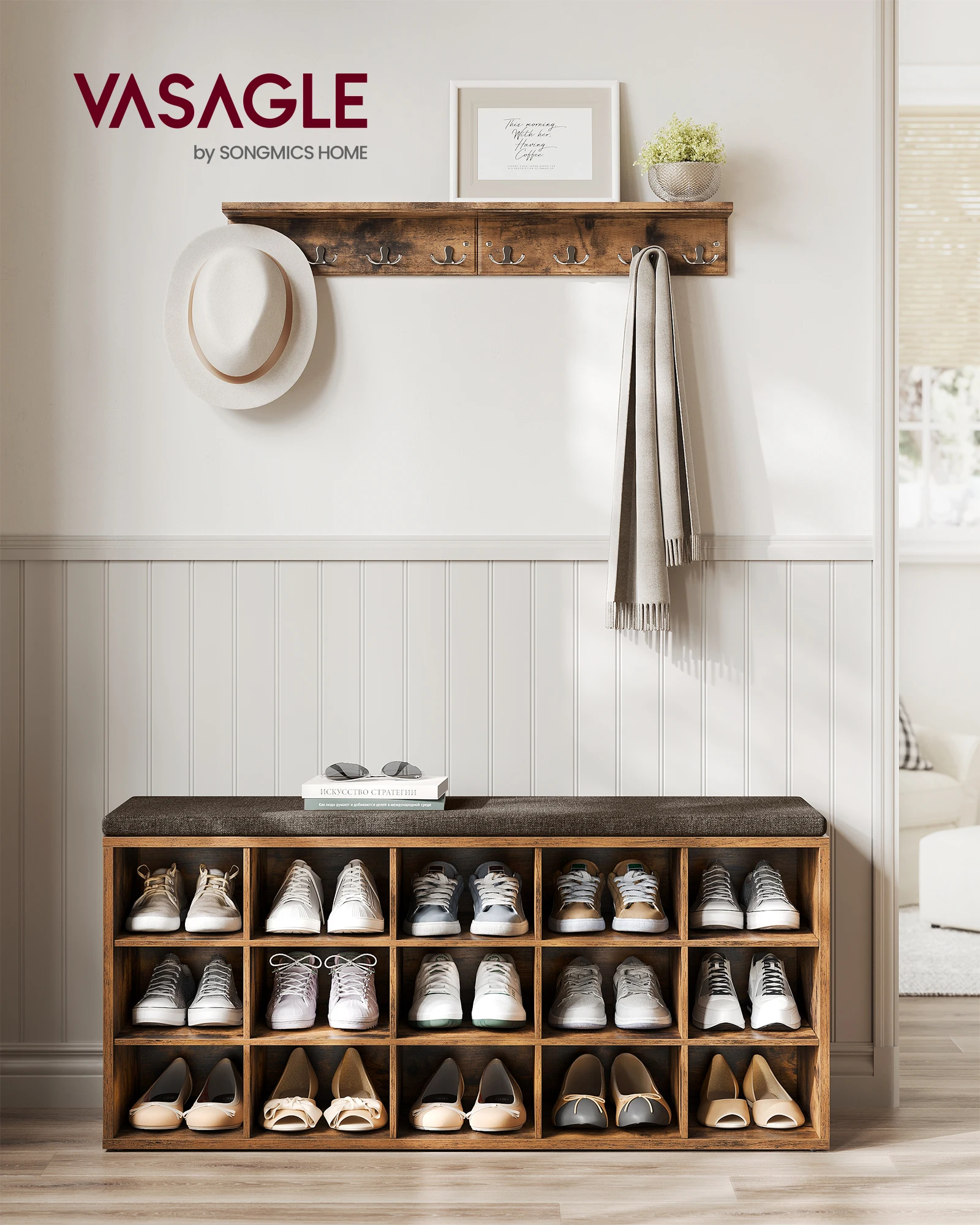 VASAGLE Banc à Chaussures, Organiseur de Chaussures avec 15 Compartiments, Siège Rembourré, pour Entrée, Couloir, Placard